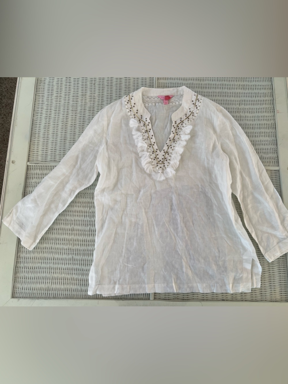 Lilly Pulitzer Amelia Island tunic top with metallic embroidery & tassels M